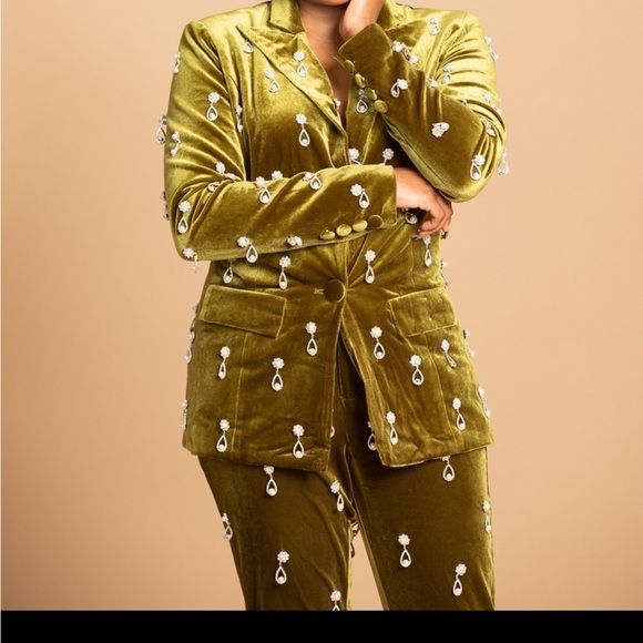 Chartreuse Velvet Embellished Suit WORN ONCE - Picture 2 of 2